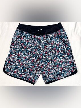Lands' End Women’s Floral Swim Board Shorts Black Red Blue w Liner & Pockets